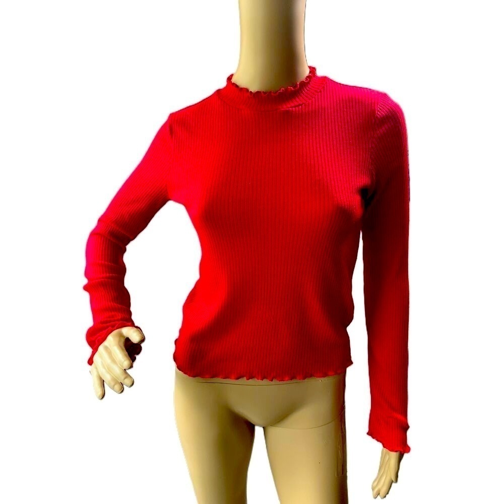 Divided H&M Red Ribbed‎ Ruffled Mock Neck Long Sleeve Cotton Top Size Small